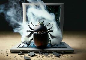 Beetle attacks and destroys electronics. Concept of computer virus and malicious software code. Generative ai photo