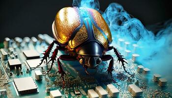 Beetle attacks and destroys electronics. Concept of computer virus and malicious software code. Generative ai photo