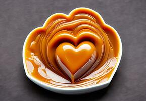 Delicious melted caramel heart. Flow, wave and drops splash caramels sauce. Love sweets food design. AI Generative photo