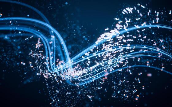 Flowing curve and particles background, 3d rendering. photo