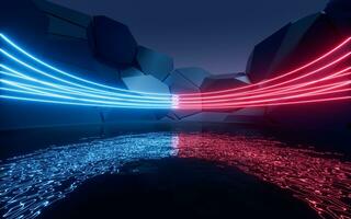 Glowing neon lines with water surface background, 3d rendering. photo