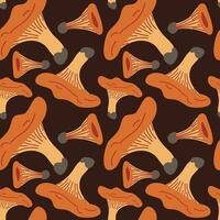 Vector seamless pattern with chanterelle mushroom on a dark background. Seamless texture, hand-drawn cartoon Chanterelle mushrooms. Design template for textiles, wallpaper, print. Cantarell Sybarius