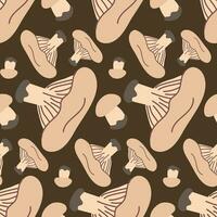 Vector seamless pattern with milk cap mushroom on a dark background. Seamless texture, hand-drawn cartoon striped mushrooms. Design template for textiles, wallpaper, print. milk on brown