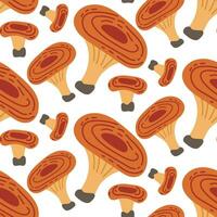 Vector seamless pattern with saffron milk cap mushroom on a white background. Seamless texture, hand-drawn cartoon striped mushrooms. Design template for textiles, wallpaper, print. Saffron milk cap