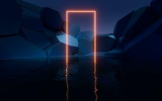 Glowing neon lines with water surface background, 3d rendering. photo