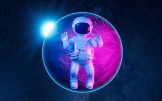 Cartoon spaceman with outer space background, 3d rendering. photo