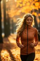 Individual jogging through a leaf strewn park during autumn to boost immunity photo