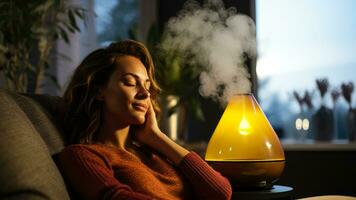 Person resting using essential oil diffuser during autumn cold recovery photo