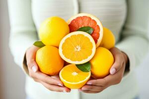 Person eating citrus fruits to boost immunity in autumn isolated on a white background photo