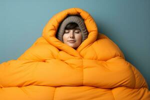 Individual bundled in blanket bracing against fall chill isolated on a gradient background photo