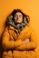 persona dormido con un calefacción almohadilla mientras luchando otoño frío aislado en un degradado antecedentes foto