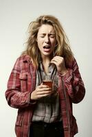 Individual taking cough syrup for autumn cold isolated on a white background photo