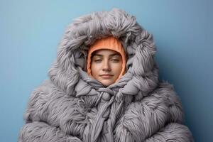 Individual bundled in blanket bracing against fall chill isolated on a gradient background photo