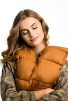Person sleeping while hugging a heating pad fighting autumn cold isolated on a white background photo