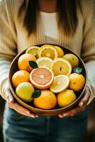 Individual consuming citrus fruits boosting their immune system in Autumn photo