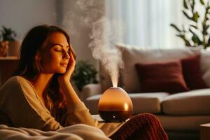 Person resting using essential oil diffuser during autumn cold recovery photo