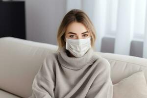 Sick person in facial mask resting at home during autumn season photo