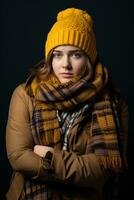 Person shivering in scarf and hat and holding thermometer isolated on a gradient background photo
