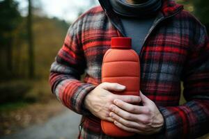 Individual clutching hot water bottle during autumn sickness recovery photo