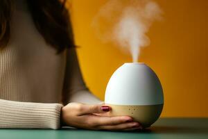 Person using essential oil diffuser during autumn cold isolated on a gradient background photo