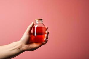 Person taking cough syrup for autumn cold isolated on a gradient background photo