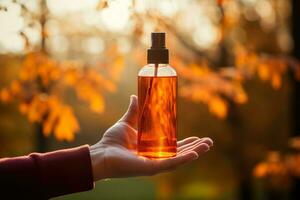 Person applying hand sanitizer outdoors during fall isolated on a gradient background photo