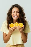 Person eating citrus fruits to boost immunity in autumn isolated on a white background photo