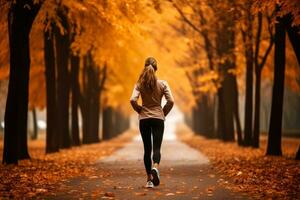 individual trotar mediante un hoja esparcido parque durante otoño a aumentar inmunidad foto