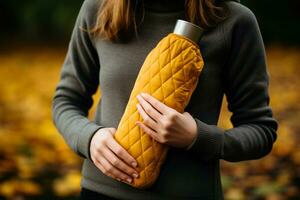 Individual clutching hot water bottle during autumn sickness recovery photo