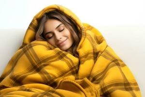 Individual wrapped in cozy blanket bracing autumn chill isolated on a white background photo