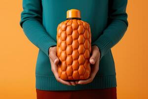 Person clutching a hot water bottle during autumn illness isolated on a gradient background photo