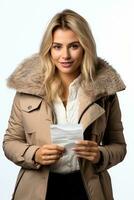 Person reading medicine leaflet for autumn cold isolated on a white background photo