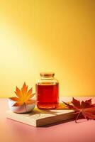 Person taking cough syrup for autumn cold isolated on a gradient background photo