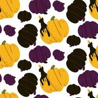 Funny pumpkins with a seamless pattern and a black candle. Yellow, purple and black pumpkins on a white background. Seamless cute texture. Witch. Vector illustration in a flat style for Halloween
