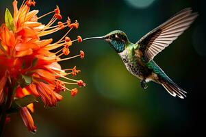 delicado belleza colibrí, rosado flores generativo ai foto