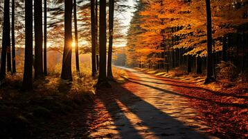 tranquilo otoño paisaje bosque camino iluminado por el sol árbol generativo ai foto