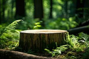 Tree Stump in Green Forest Environmental Message Generative AI photo