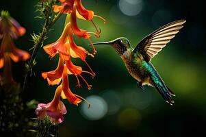 Beauty Nature Hovering Hummingbird eating nectar Generative AI photo