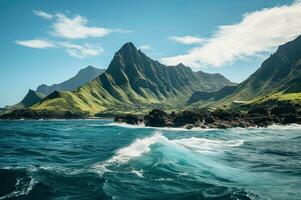 bahía, playa, y olas montaña debajo un vasto cielogenerativo ai foto