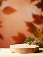 3d de madera pedestal podio en natural otoño hoja sombra beige fondo - otoño belleza productos cosméticos monitor para promoción y anuncio generativo ai foto