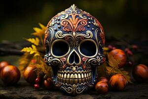 Folk Art Skull Ornament Seasonal Charm Generative AI photo