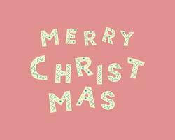 Pink banner Merry Christmas inscription with letters in cut paper and scrapbooking style with New Years Christmas ornament, winter design element. vector