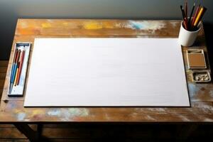 Artist's workplace. Painting supplies, blank white canvas photo