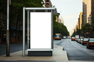 Empty Billboard Bus Stop  Busy City Street Mockup Generative AI photo