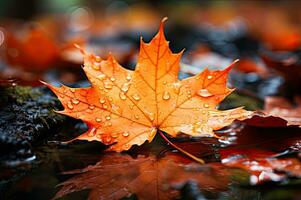 Rain Kissed Maple Leaf Autumn Rainwater Generative AI photo