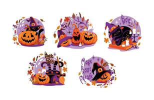 Halloween characters, pumpkins and a black cat in a witch hat. Cute Halloween illustration. Vector. vector