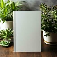 White Hardcover Book Mockup on Wooden Table with Warm Cozy Light, Surrounded by Plants and Flowers Ideal for Book Branding, Logo, Lettering, or Text on a Beautiful Front Cover Background Generative AI photo