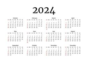 Calendar for 2024 isolated on a white background. Sunday to Monday, business template. Vector illustration