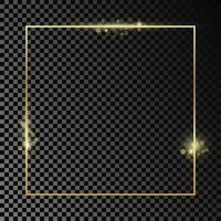 Gold glowing square frame isolated on dark background. Shiny frame with glowing effects. Vector illustration.