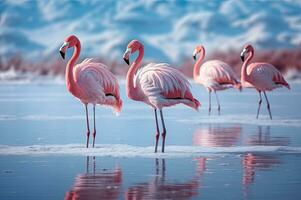 rosado flamencos a azul laguna soleado africano escena generativo ai foto